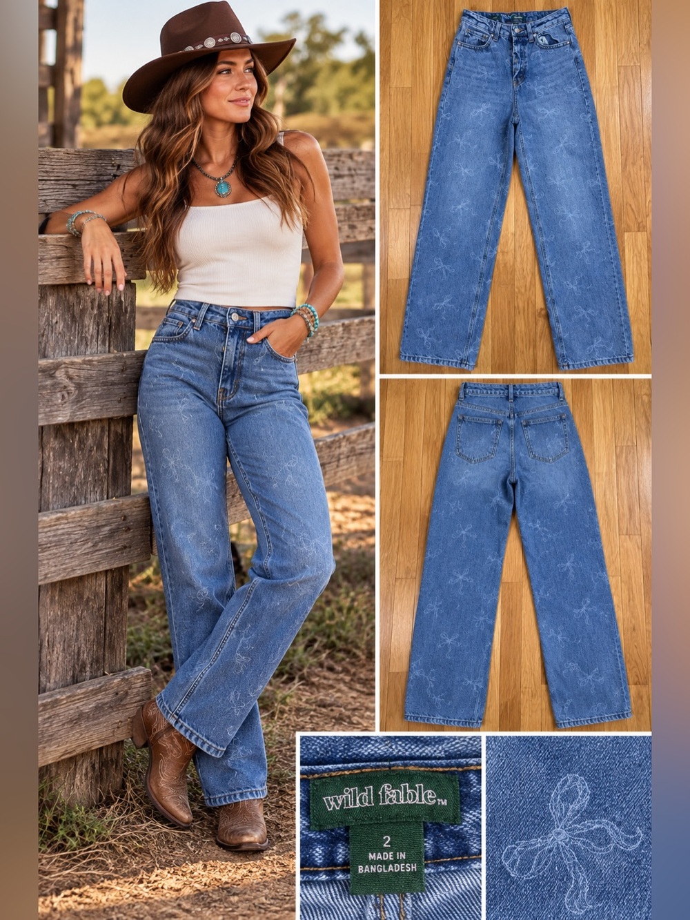 Wild Fable Bow Print High Rise Wide Leg Jeans Size 2 Blue Coquette